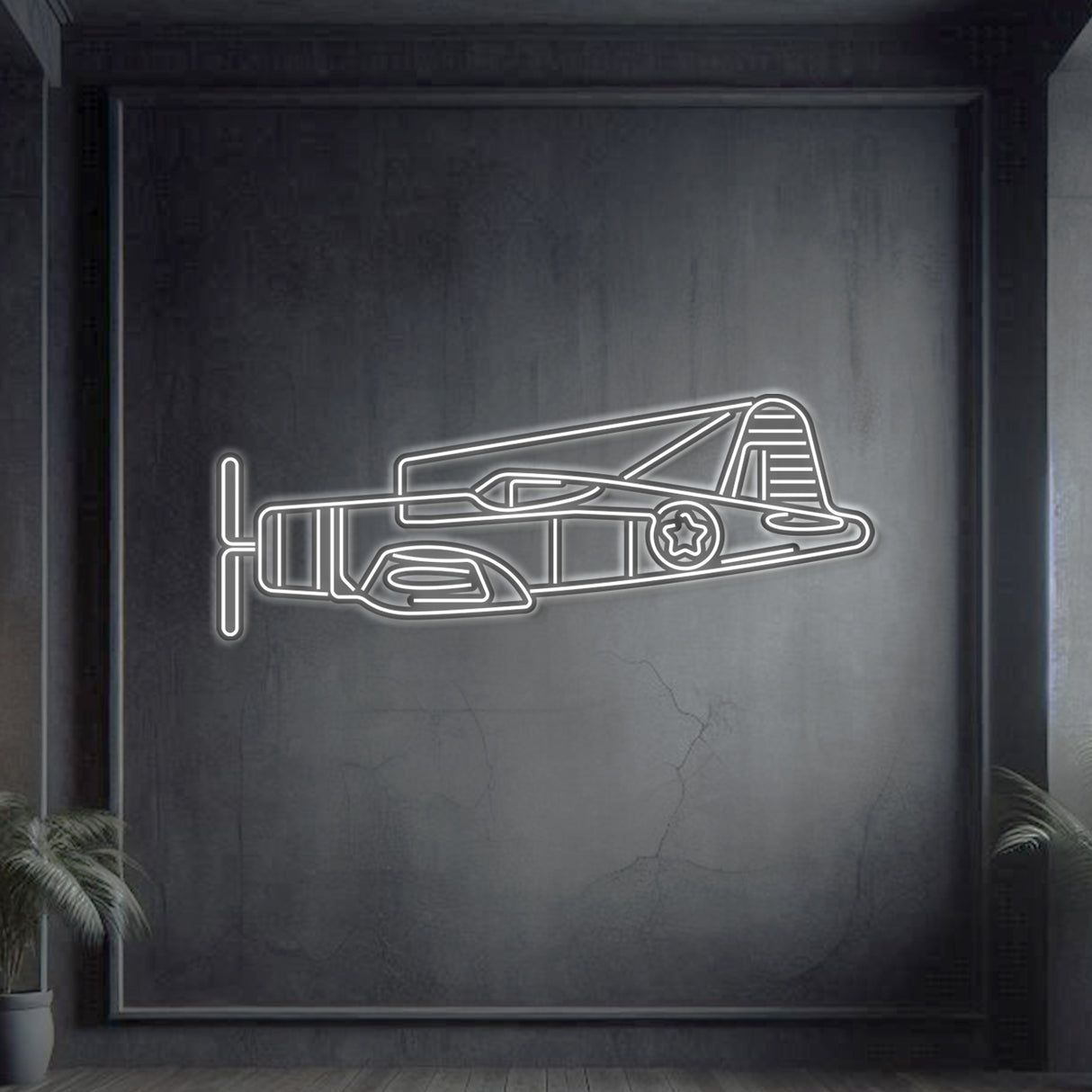 F‑4U Corsair neon silhouette wall art, laser‑cut steel with inverted gull-wing profile and dynamic neon glow