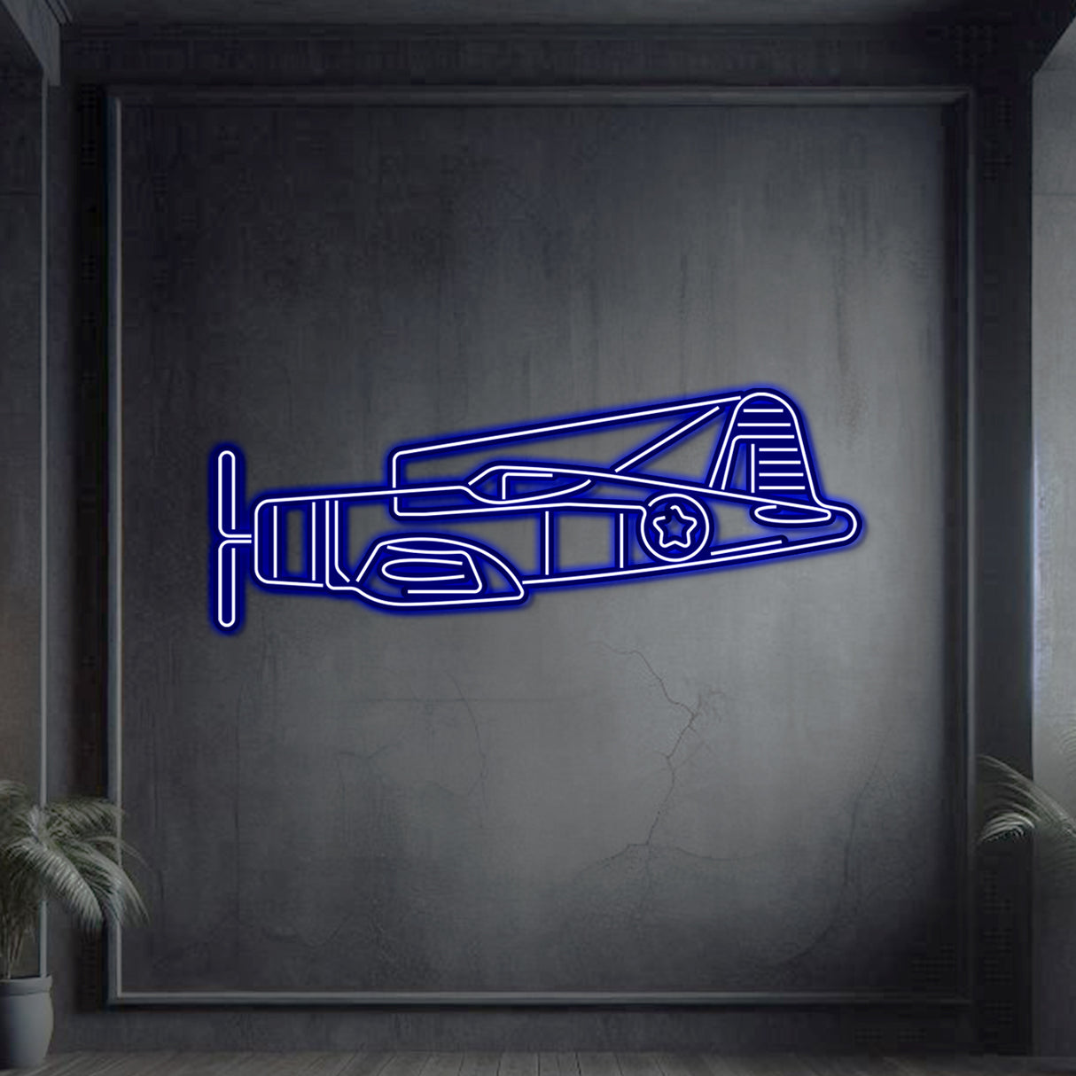 Neon-lit F‑4U Corsair silhouette, textured matte steel with floating neon frame for impressive 3D depth