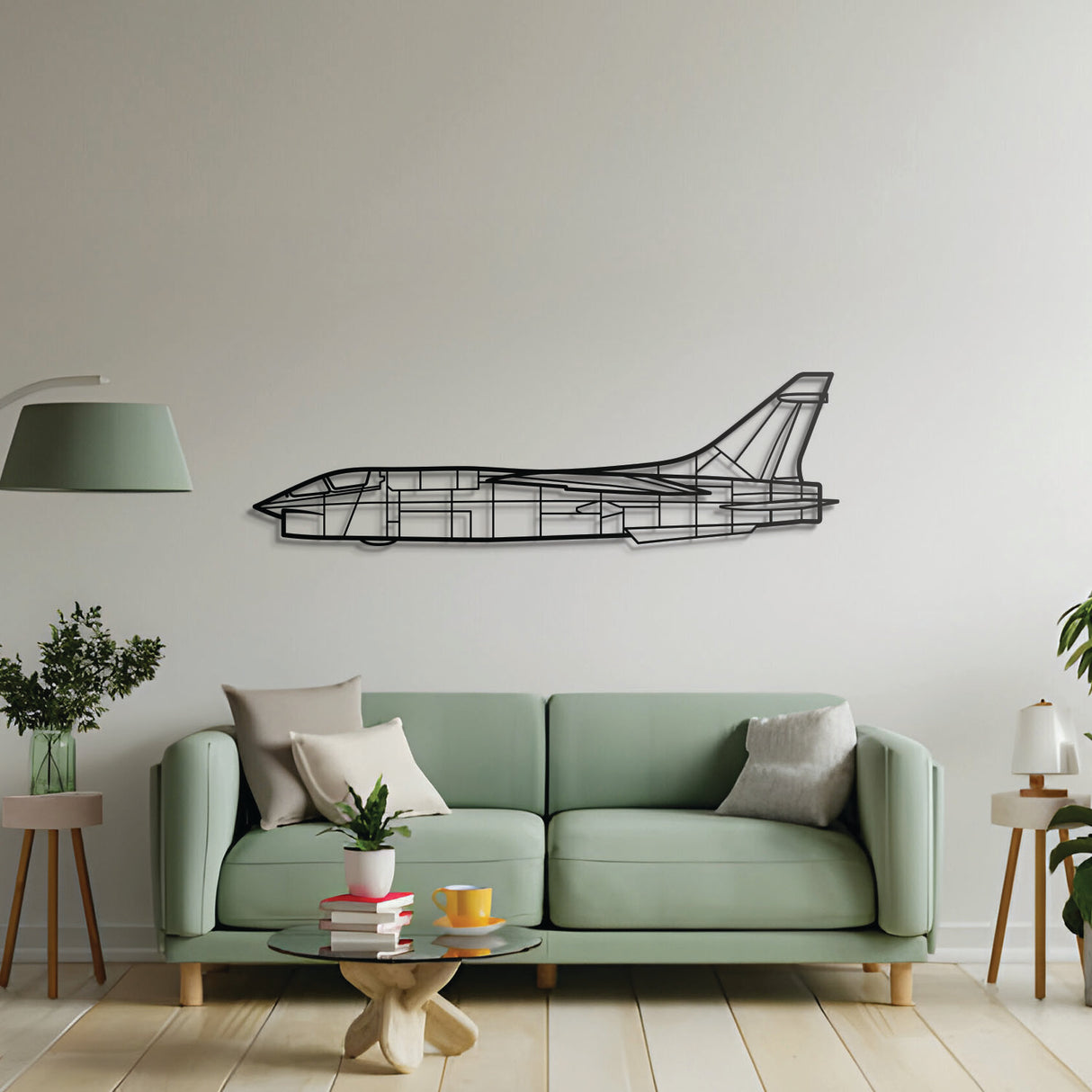RF‑8G metal wall décor – precision laser‑cut jet profile floating slightly off the wall, honoring the enduring photographic legacy of the last Crusader variant