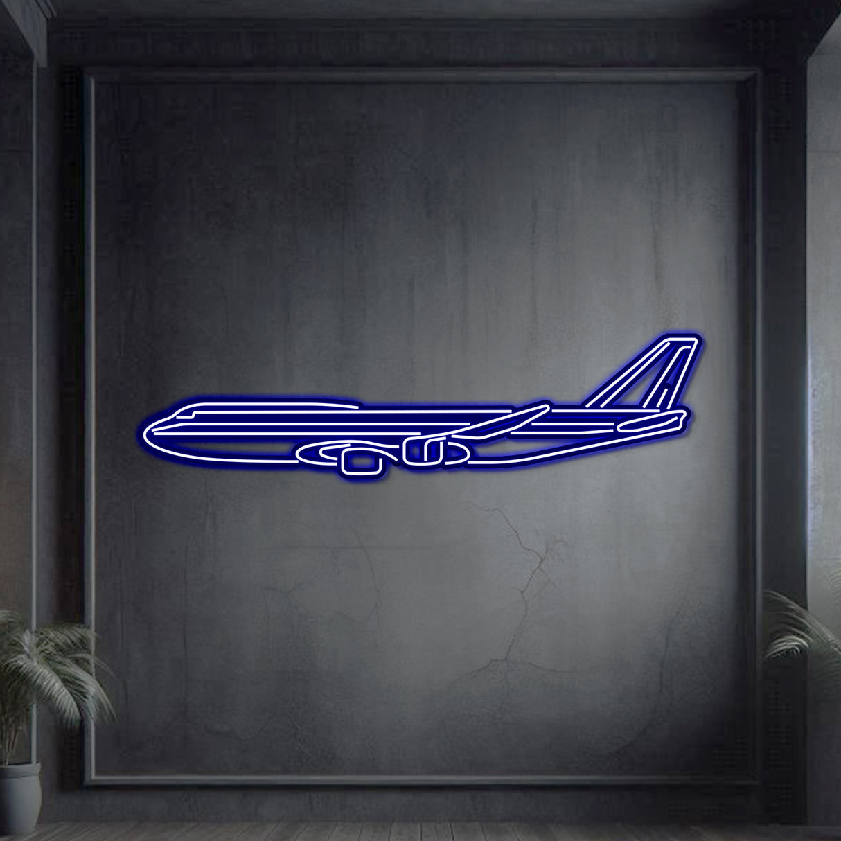 Sleek 747-8 neon wall art, laser-cut matte steel with stylish 3D floating presence