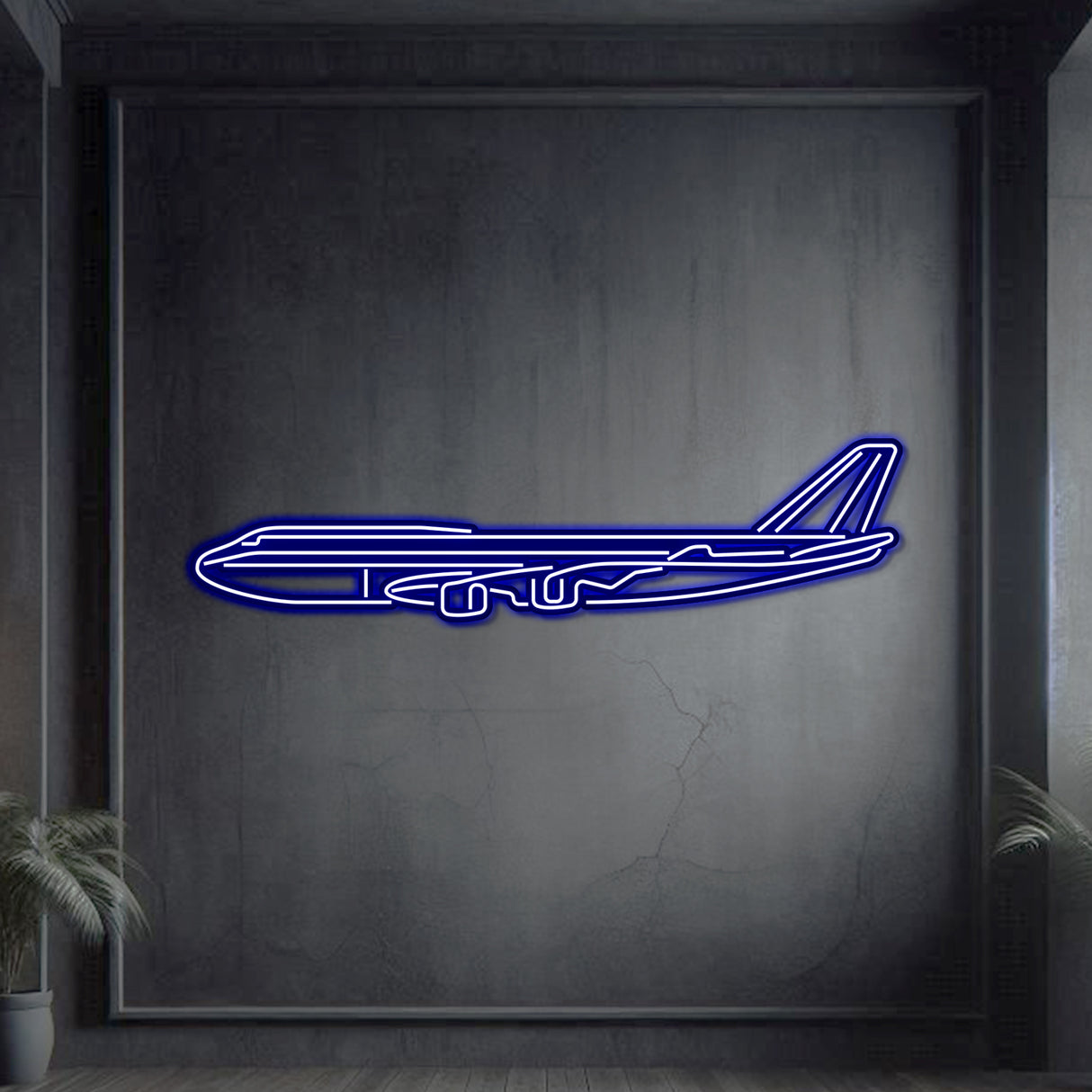 Sleek 747-800 neon wall art, laser-cut matte-coated steel with stylish 3D floating presence