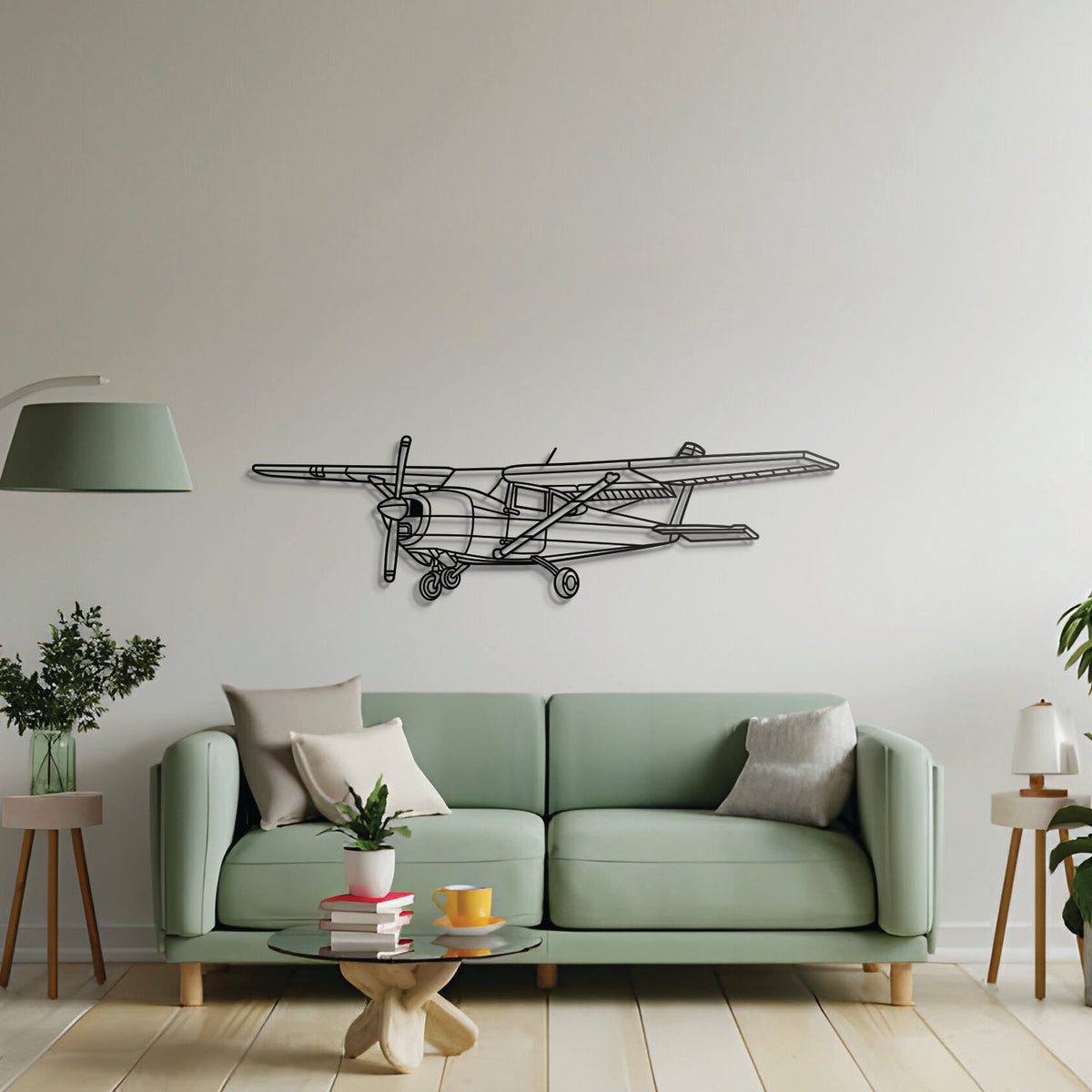 Sleek 182 Skylane metal wall art, laser-cut matte steel blending aviation character with modern interiors