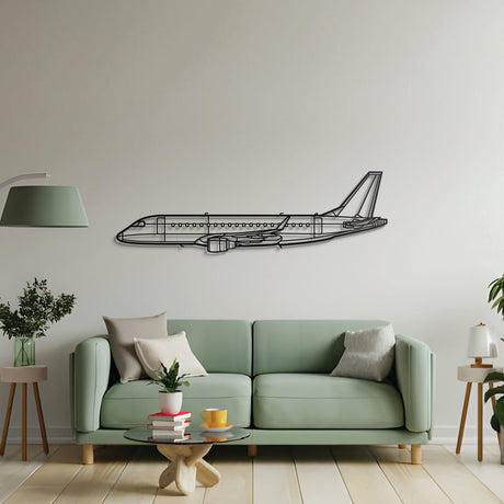 E175 airliner wall art – black steel jet silhouette with elegant floating 3D shadow design