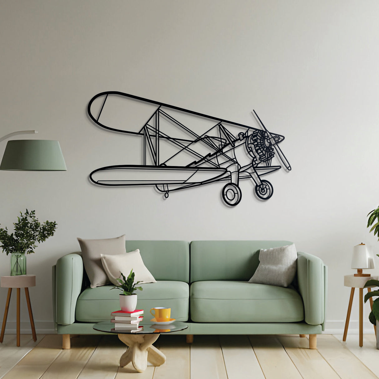 Model 75 biplane metal wall art – textured black steel silhouette with matte finish floating off the wall