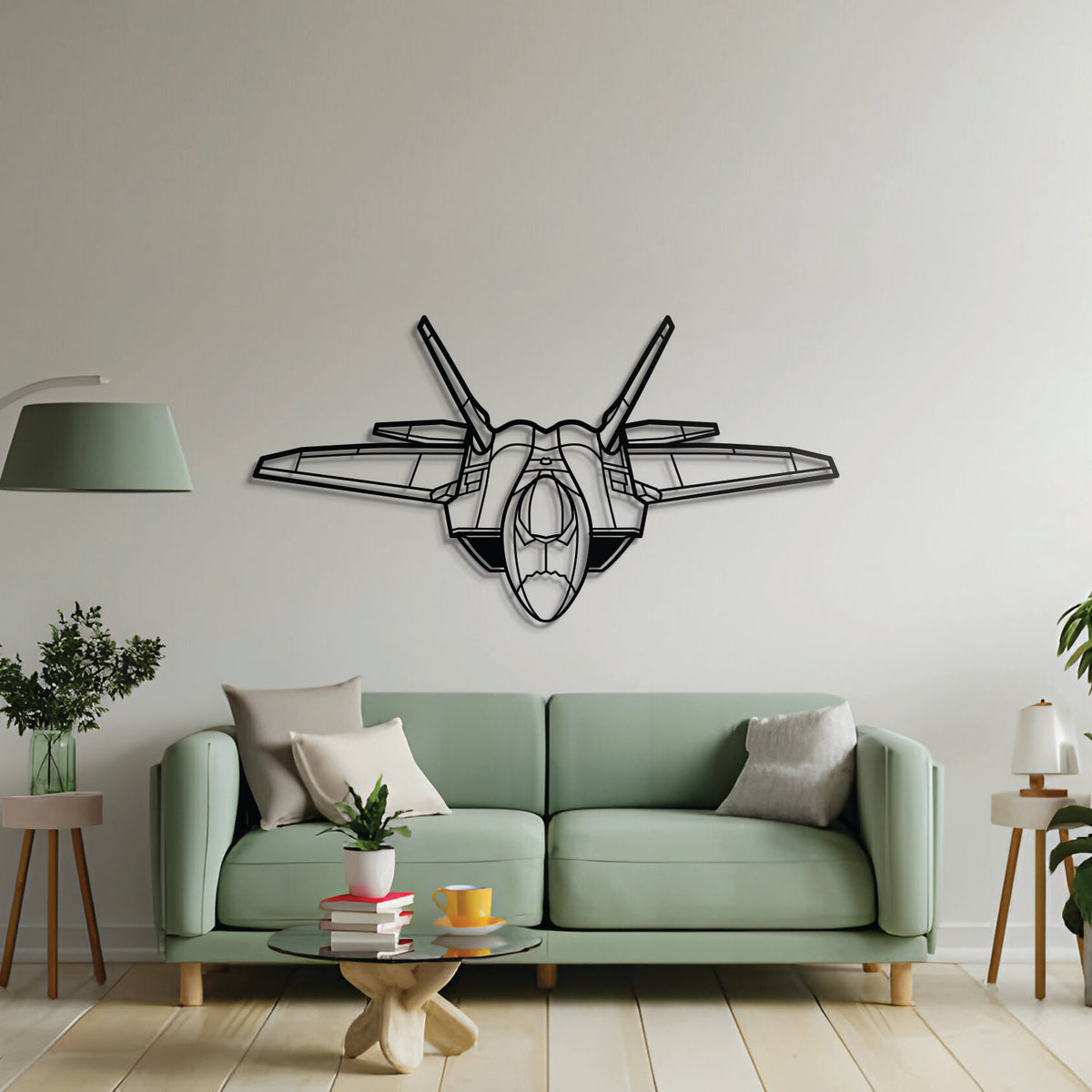 F-22 Raptor angled stealth jet wall art – black steel silhouette with elevated 3D shadow styling, ideal for avgeeks