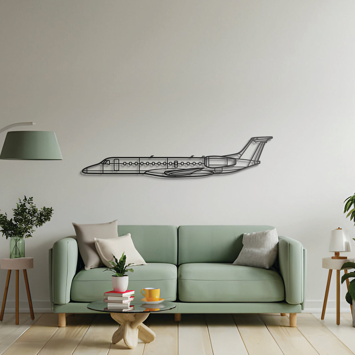 ERJ-135 regional jet silhouette art, laser-cut steel ready-to-hang décor for living spaces