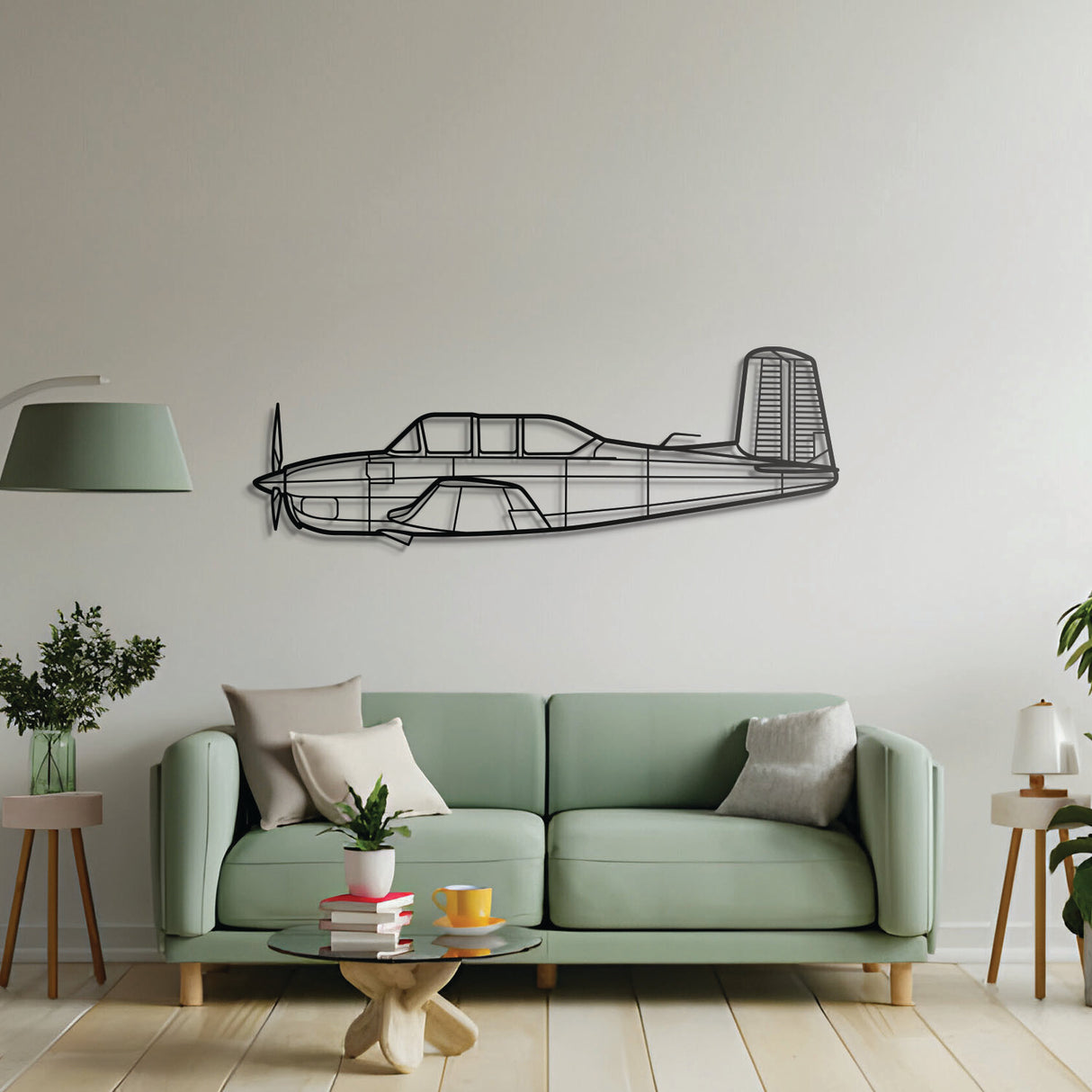 T‑34A Mentor trainer plane metal art, laser‑cut steel ready‑to‑hang décor for living spaces