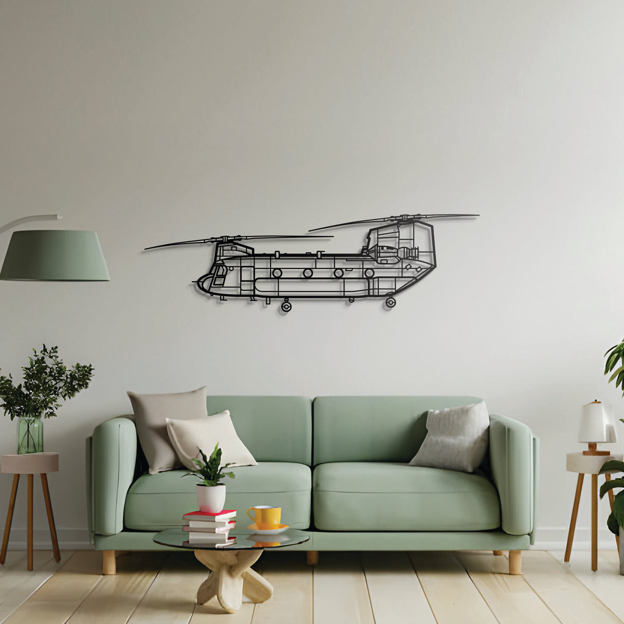 Chinook CH‑47 silhouette cut from 2 mm laser‑cut steel with matte finish and subtle floating mount