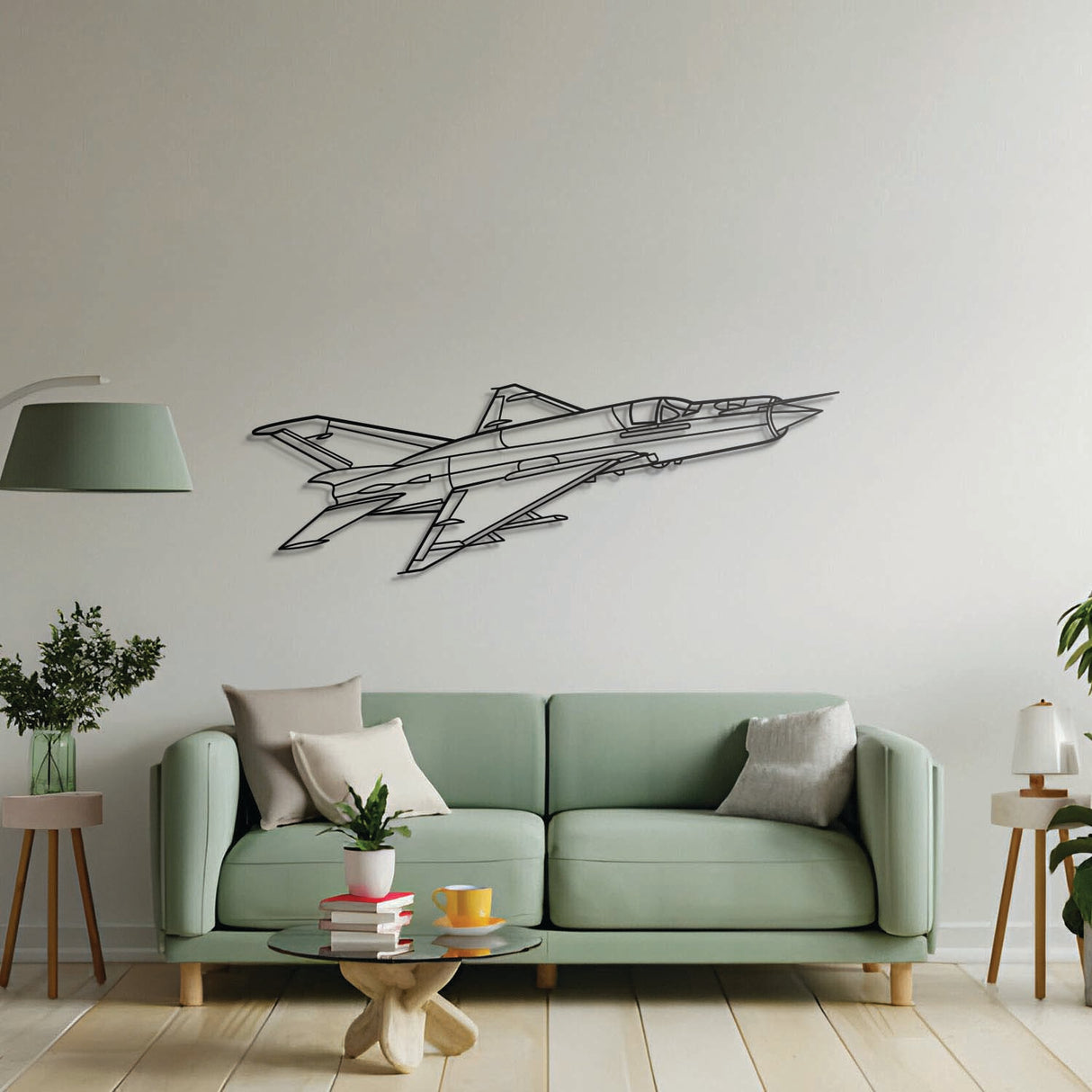 Aviation décor: MiG‑21 Lancer metal wall art in matte steel with 3D floating effect for hangar or office