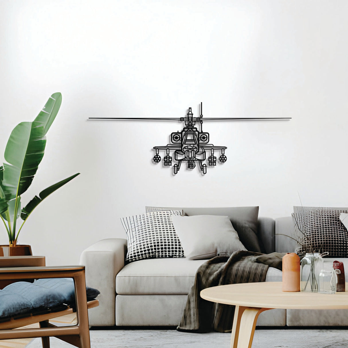 AH-64D Apache front profile silhouette — sleek powder-coated steel with floating mount