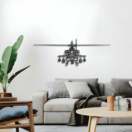 AH-64D Apache front profile silhouette — sleek powder-coated steel with floating mount