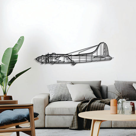 Minimalist B‑17 Flying Fortress metal art — slightly elevated off wall with spacers