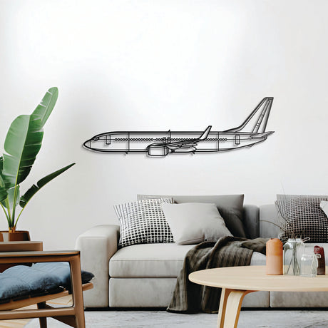 Minimalist Boeing 737-800 metal silhouette — lightly elevated for a refined 3D presence