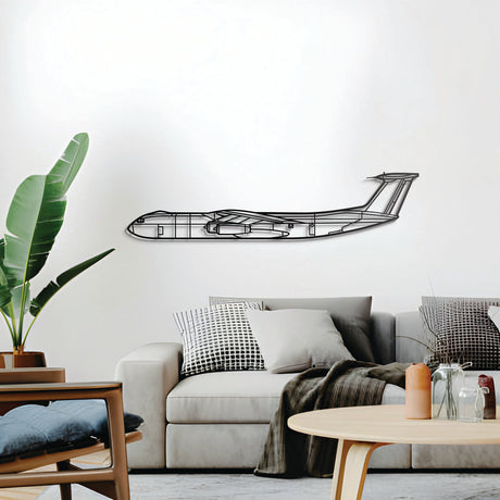 Minimalist C-141 Starlifter airplane metal wall art — elevated from wall by spacers for modern floating design