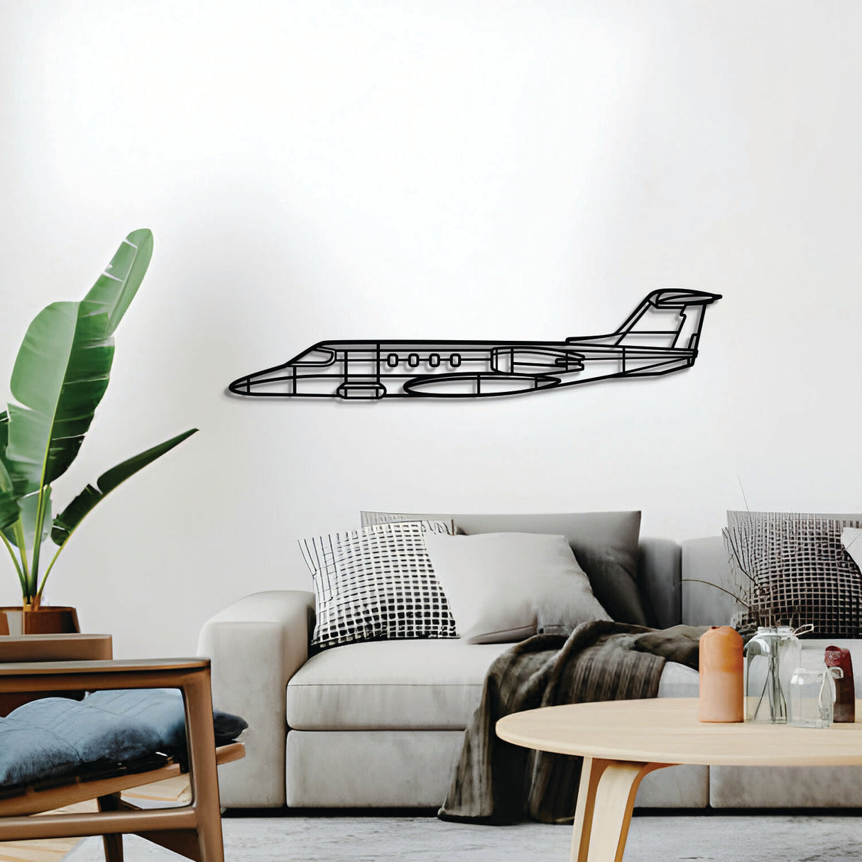 2 mm steel Learjet 25D wall art, matte finish, floats ~1 cm off wall for dramatic 3D depth and shadow