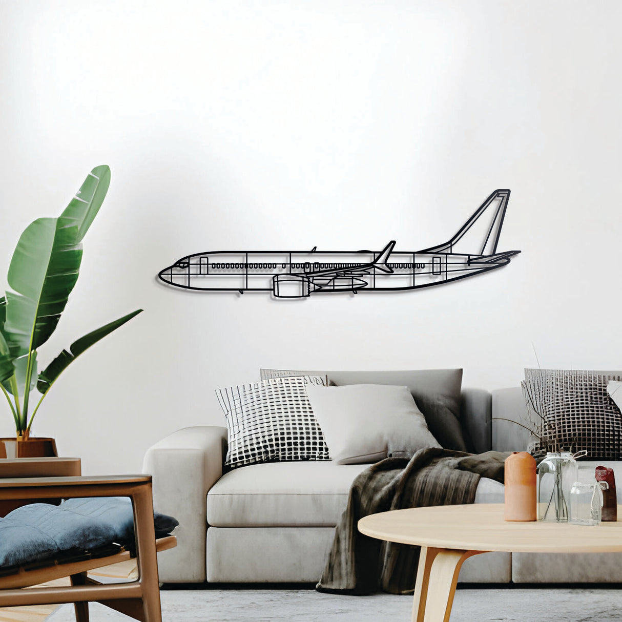 Minimalist Boeing 737 metal silhouette — elevated slightly off the wall for added dimension