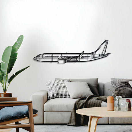 Minimalist Boeing 737 metal silhouette — elevated slightly off the wall for added dimension