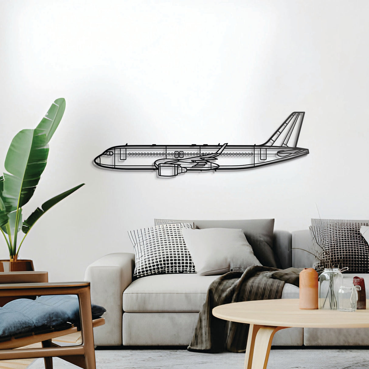 A320 airliner wall art — sleek powder-coated steel with floating mount design