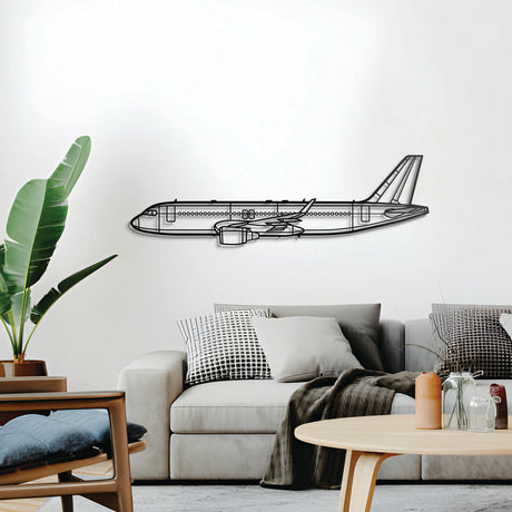 A320 airliner wall art — sleek powder-coated steel with floating mount design