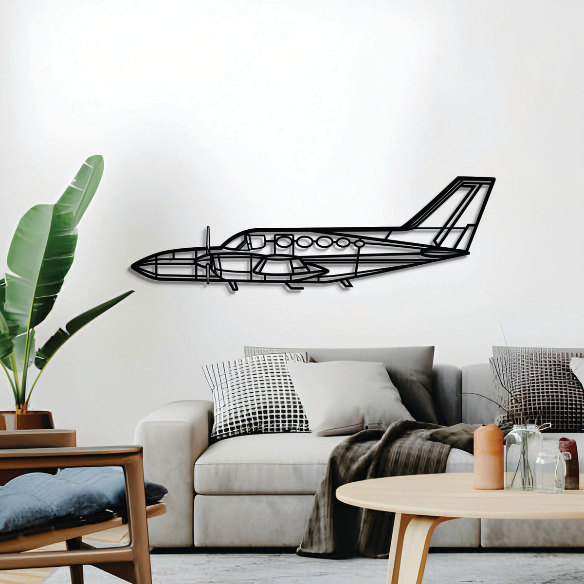 2 mm steel Aero Commander 421 wall art, powder-coated matte finish, floats ~1 cm off wall for dramatic 3D depth