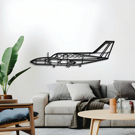 2 mm steel Aero Commander 421 wall art, powder-coated matte finish, floats ~1 cm off wall for dramatic 3D depth