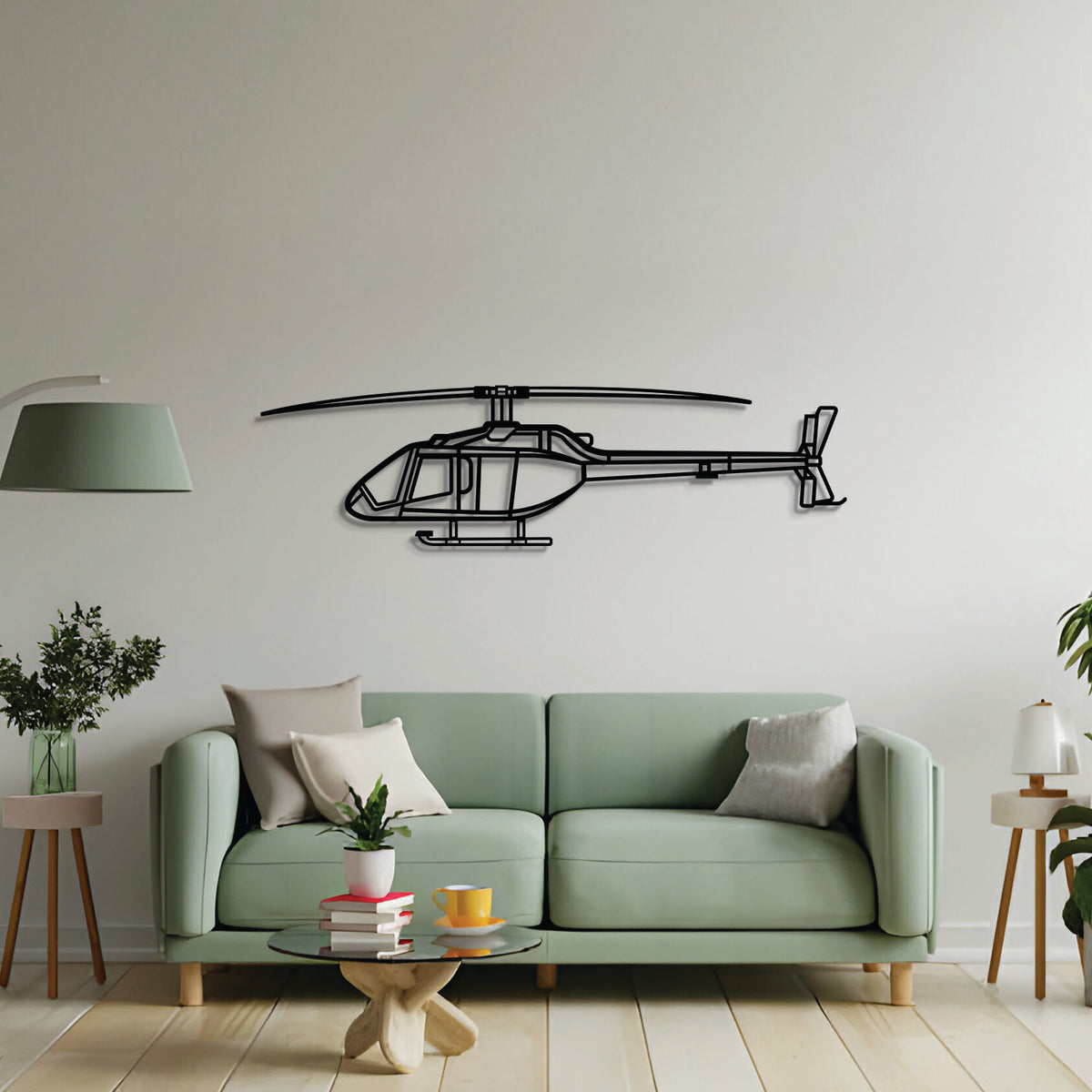 2 mm steel 505 Jet Ranger X wall art, textured matte finish, floats ~1 cm off wall for dramatic 3D depth