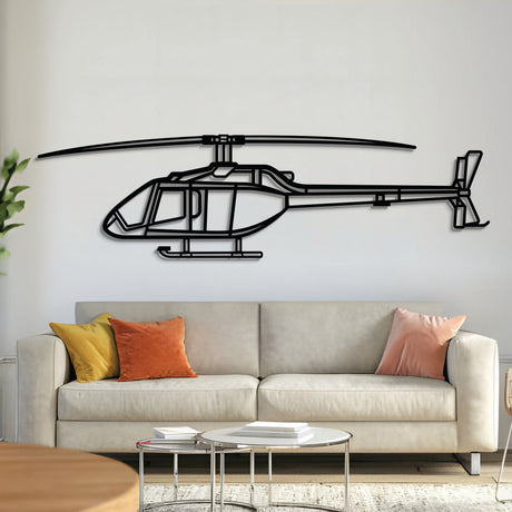 Bell 505 Jet Ranger X light single-engine helicopter silhouette wall art, laser‑cut 2 mm steel with matte textured finish and striking 3D elevation