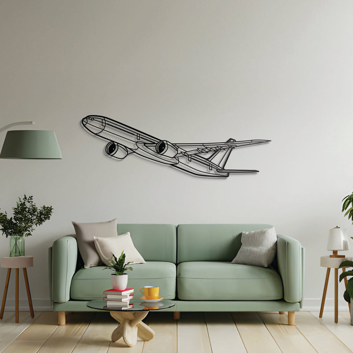Boeing 777‑9 jet metal wall decor – precision laser‑cut angle profile, floats slightly off wall for dimensional appeal