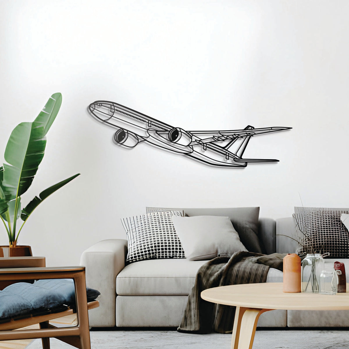 777‑9 silhouette wall decor – elevated 1 cm off the wall using spacers to create an eye‑catching 3D effect