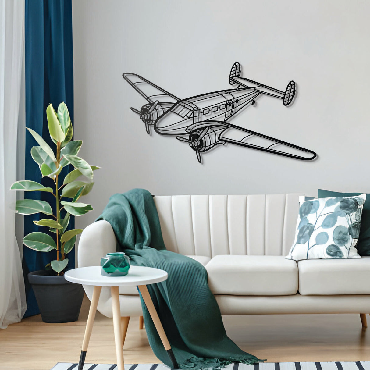 Historic Beechcraft Model 18 silhouette – matte powder‑coat finish blending with modern interiors; famed as WWII’s training, transport, and liaison workhorse