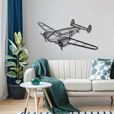 Historic Beechcraft Model 18 silhouette – matte powder‑coat finish blending with modern interiors; famed as WWII’s training, transport, and liaison workhorse