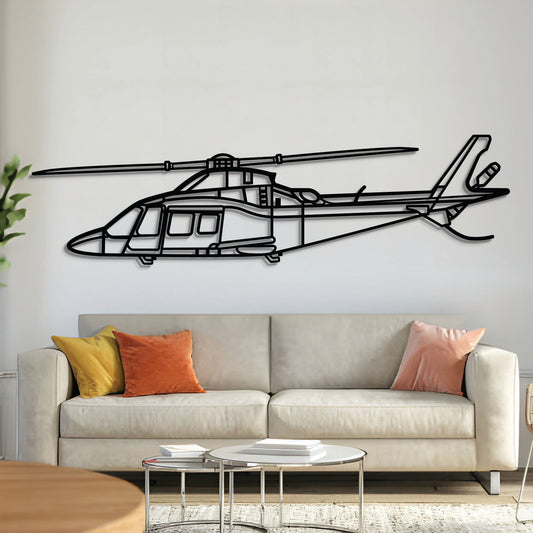 Agusta A109S Grand twin-engine executive helicopter wall art, laser-cut 2 mm steel with matte textured finish and 3D elevation