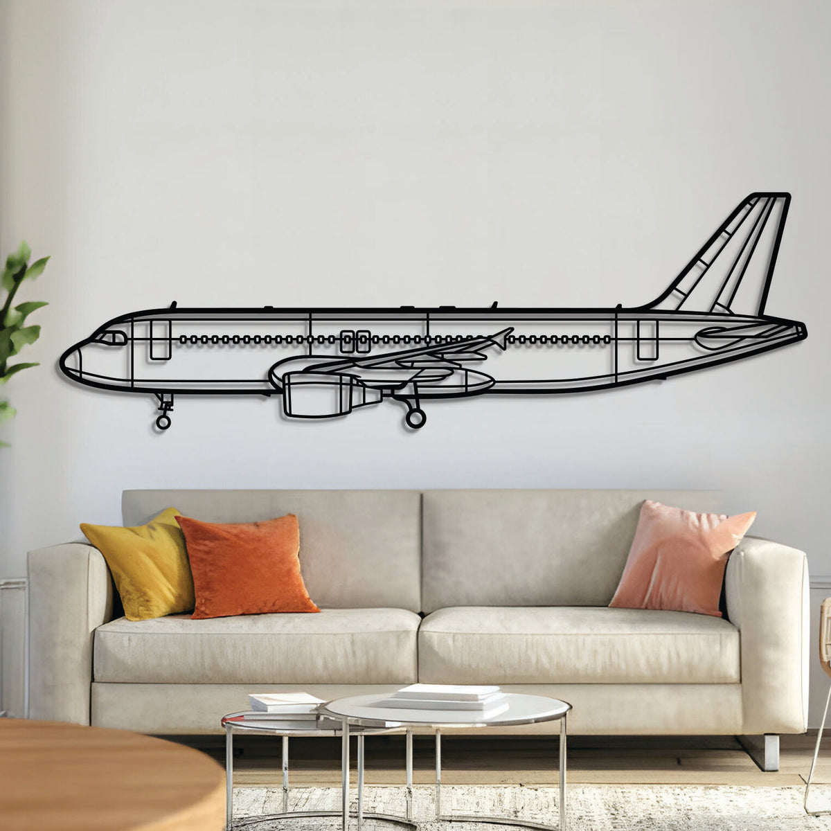Airbus A320 with CFM56 engines metal wall art – laser‑cut matte black steel airliner silhouette with floating 3D effect