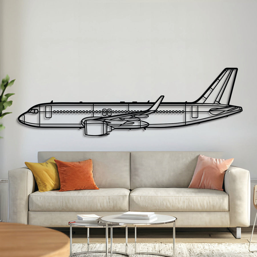 A320‑Neo metal aircraft wall art in 2 mm laser‑cut steel with matte powder‑coated textured finish and 3D elevation screws
