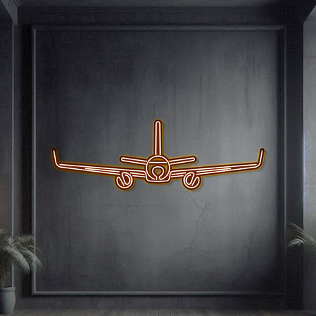 A320 Neo metal neon wall decor, textured matte steel, raised 1 cm for sleek floating aviation design