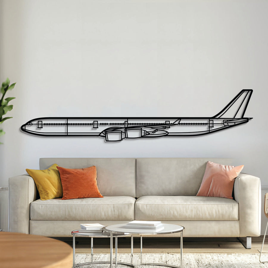 A340‑600 metal aircraft wall art in 2 mm laser‑cut steel with matte powder‑coated textured finish and 3D elevation screws