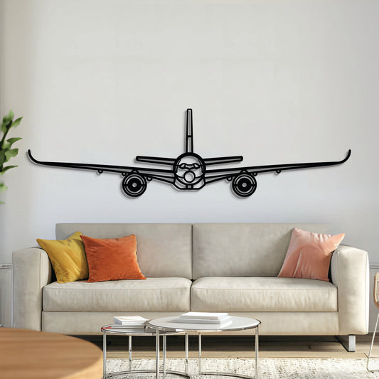 Airbus A350‑900 wide‑body airliner silhouette wall art, laser‑cut 2 mm steel with matte textured finish and 3D elevation
