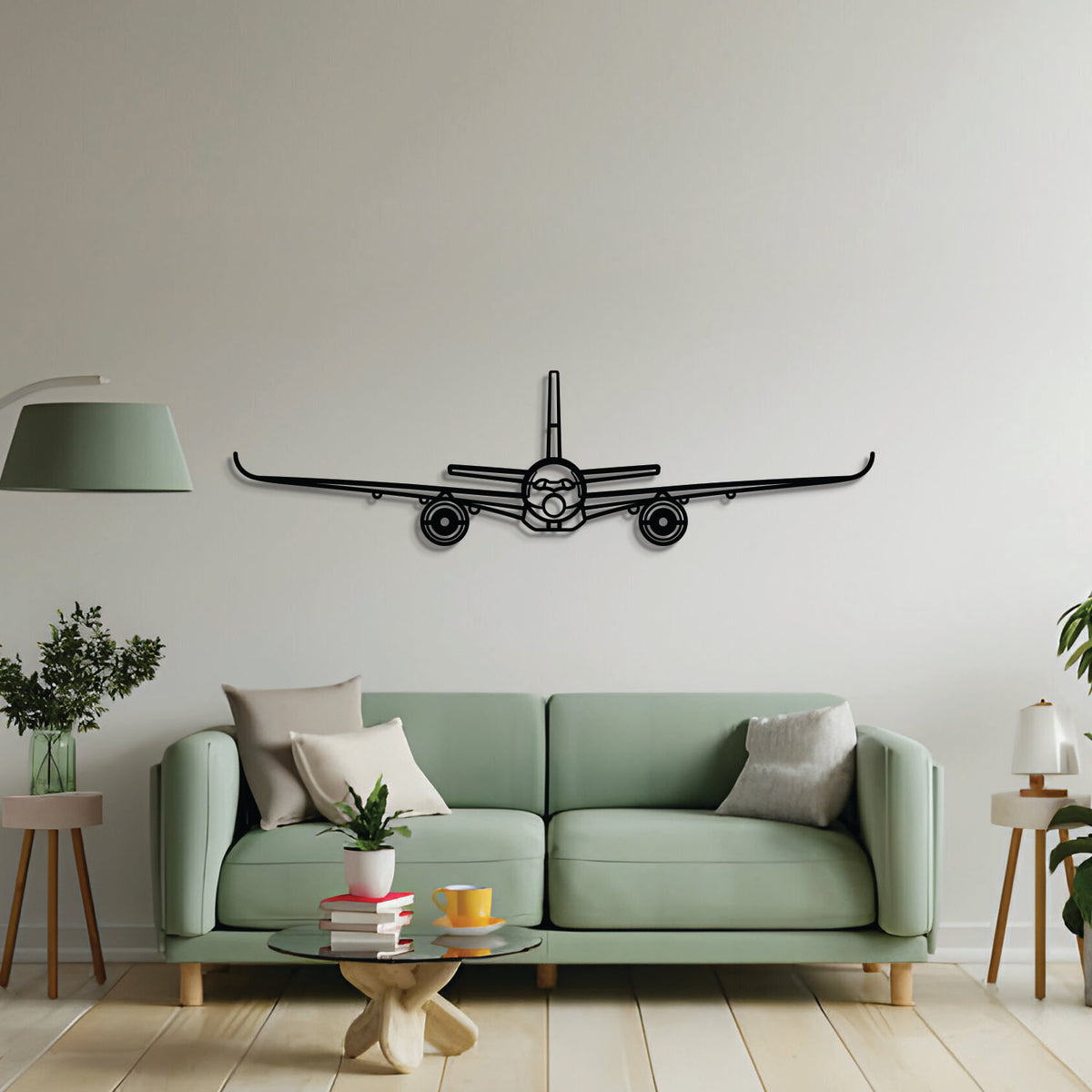 2 mm steel A350‑900 wall art, textured matte finish, floats ~1 cm off wall for dramatic three‑dimensional effect