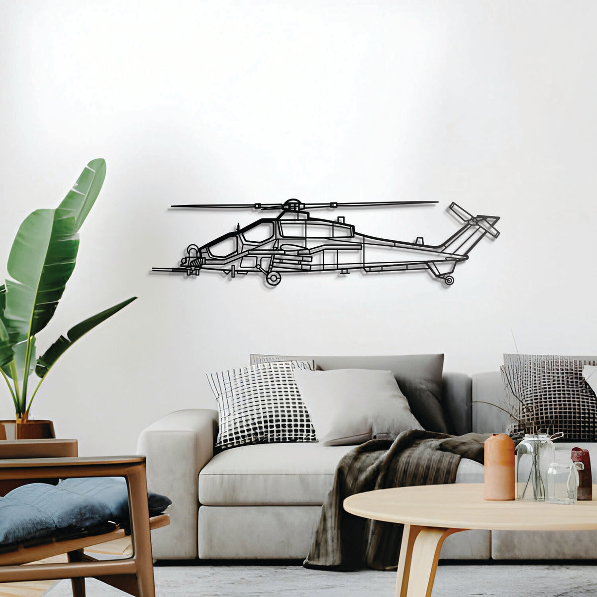 A129D Mangusta wall décor – elevated 1 cm off the wall using spacers for a bold 3D shadow effect highlighting its angular armored fuselage