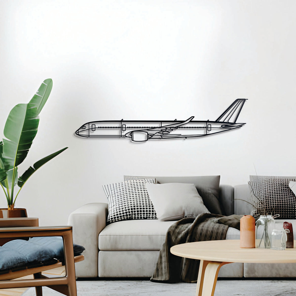 A350 airliner wall art — sleek powder-coated steel with floating mount design