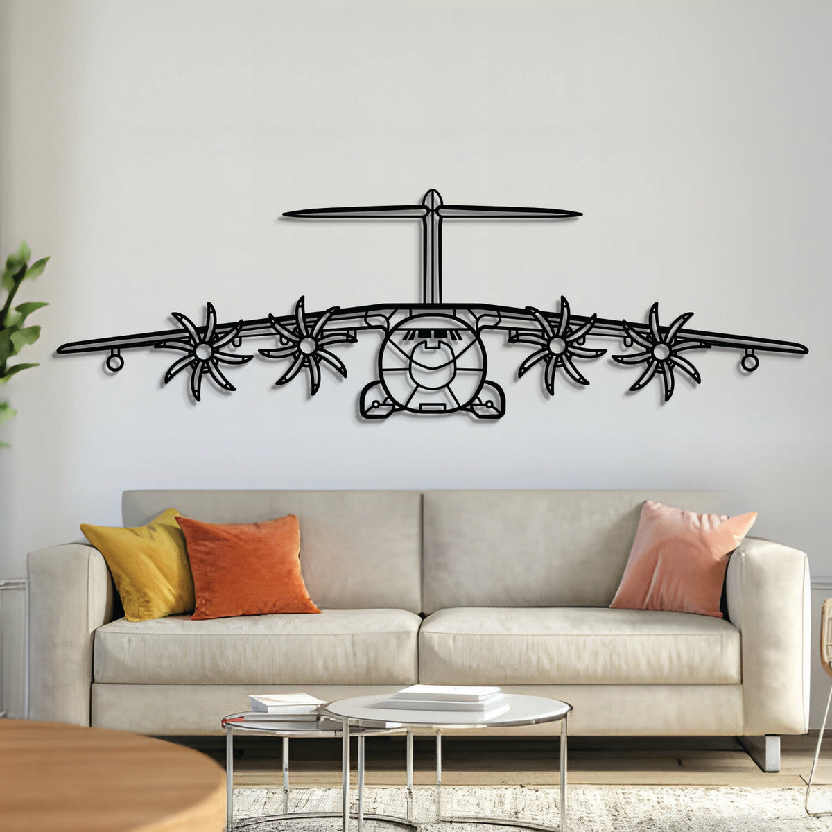 A400M Atlas front view silhouette — laser-cut black metal wall art with floating effect