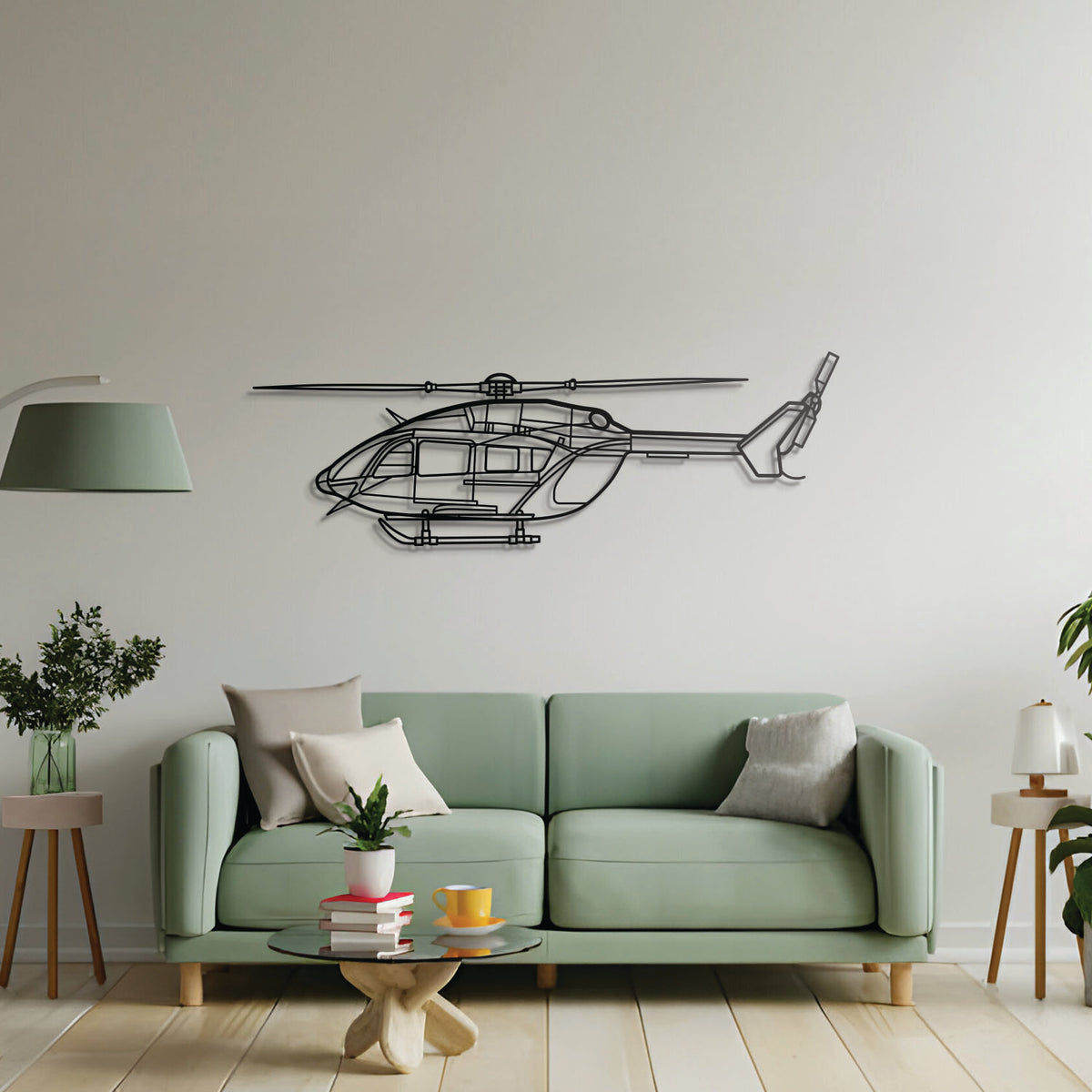 EC-145 utility helicopter metal art, laser-cut steel ready-to-hang décor for living spaces