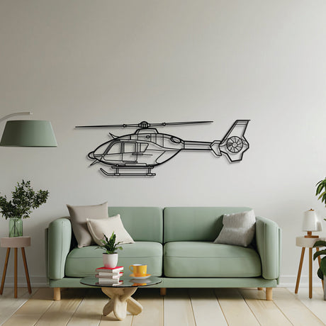 EC135T2 rotorcraft wall décor – black steel helicopter silhouette with floating 3D shadow design