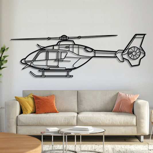 EC135T2 helicopter metal wall art – laser-cut steel silhouette with matte textured finish and floating 3D effect