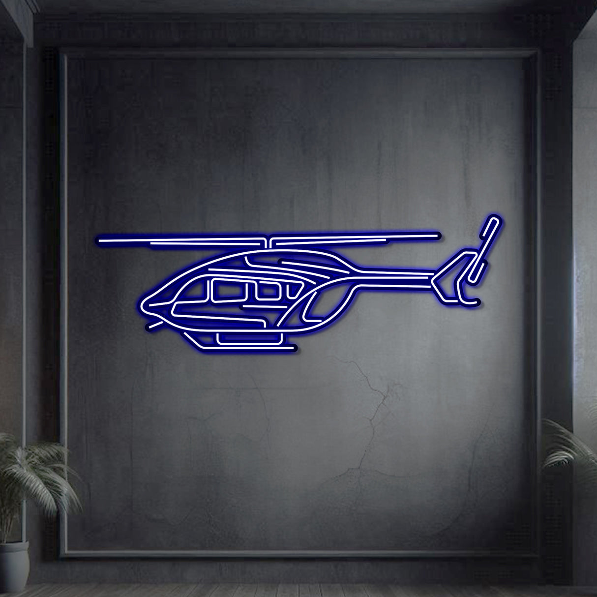 Neon‑lit EC145 helicopter silhouette, textured matte steel with floating neon frame for eye‑catching 3D depth