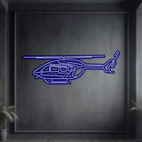 Neon‑lit EC145 helicopter silhouette, textured matte steel with floating neon frame for eye‑catching 3D depth