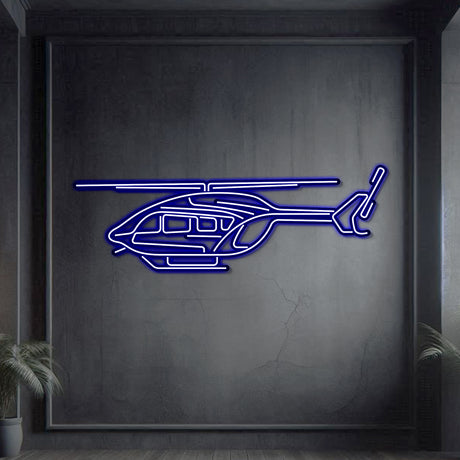Neon‑lit EC145 helicopter silhouette, textured matte steel with floating neon frame for eye‑catching 3D depth