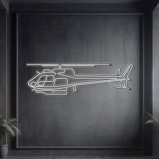 Airbus H125 light single‑engine helicopter neon silhouette wall art, laser‑cut steel with glowing neon outline and dramatic 3D elevation