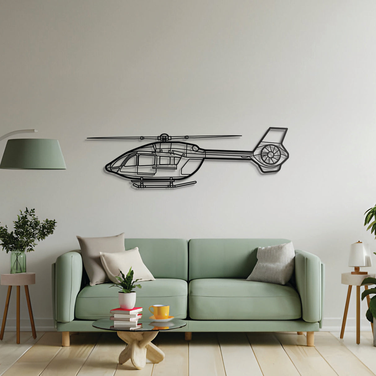 H145 rotorcraft wall décor – black steel helicopter silhouette with floating 1 cm wall spacing