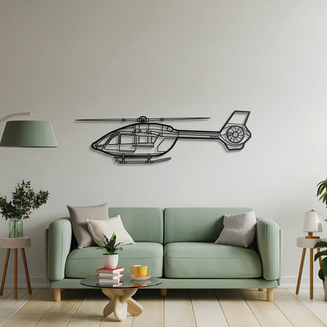 H145 rotorcraft wall décor – black steel helicopter silhouette with floating 1 cm wall spacing